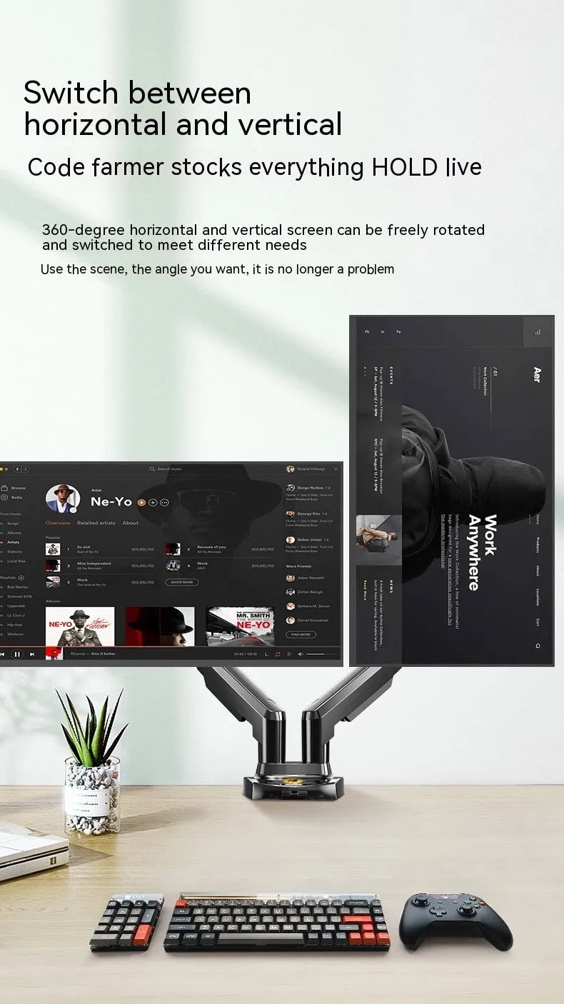 Dual screen monitor bracket with lifting adjustment mechanism showing VESA mounting holes