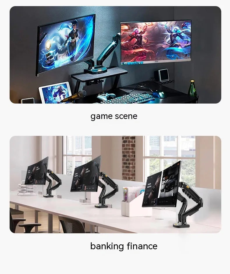 Dual screen monitor bracket with lifting adjustment mechanism showing VESA mounting holes