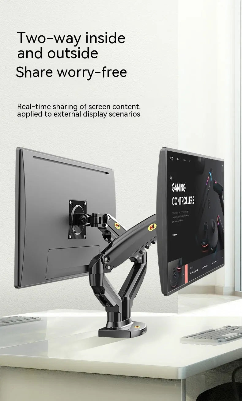 Dual screen monitor bracket with lifting adjustment mechanism showing VESA mounting holes