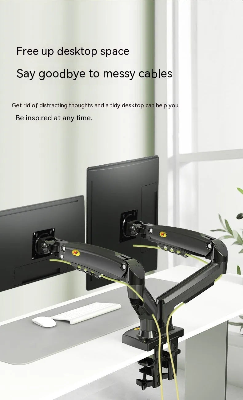 Dual screen monitor bracket with lifting adjustment mechanism showing VESA mounting holes