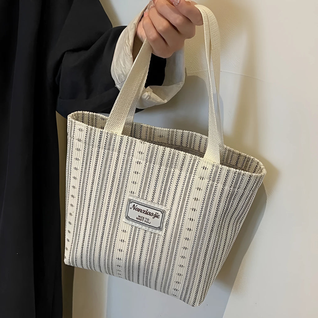 Japanese style corduroy handbag in ivory white with large capacity and fresh design