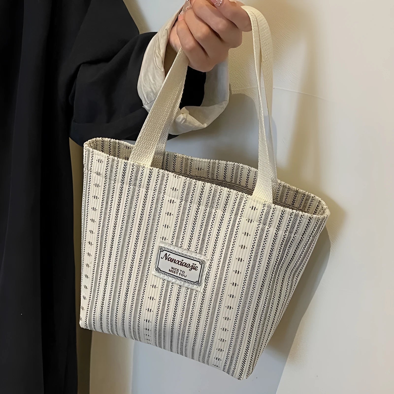 Japanese style corduroy handbag in ivory white with large capacity and fresh design