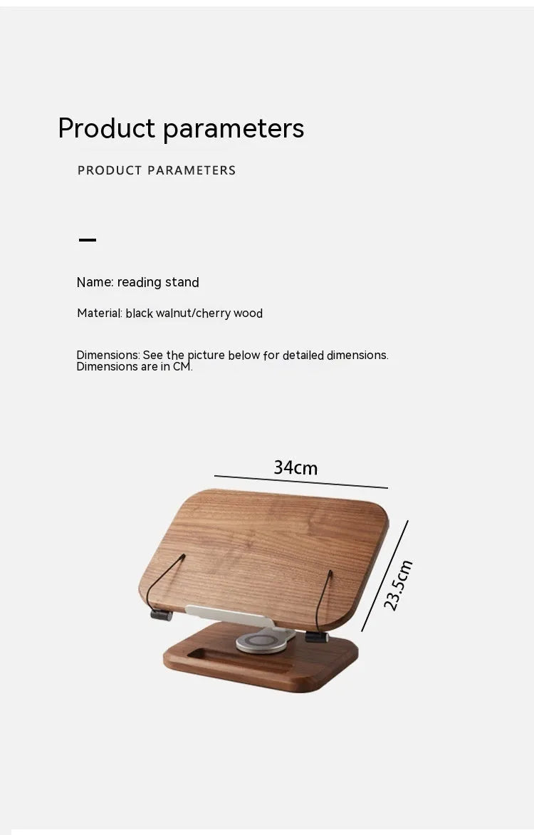 Black walnut wood adjustable rotating reading rack holding book and iPad tablet