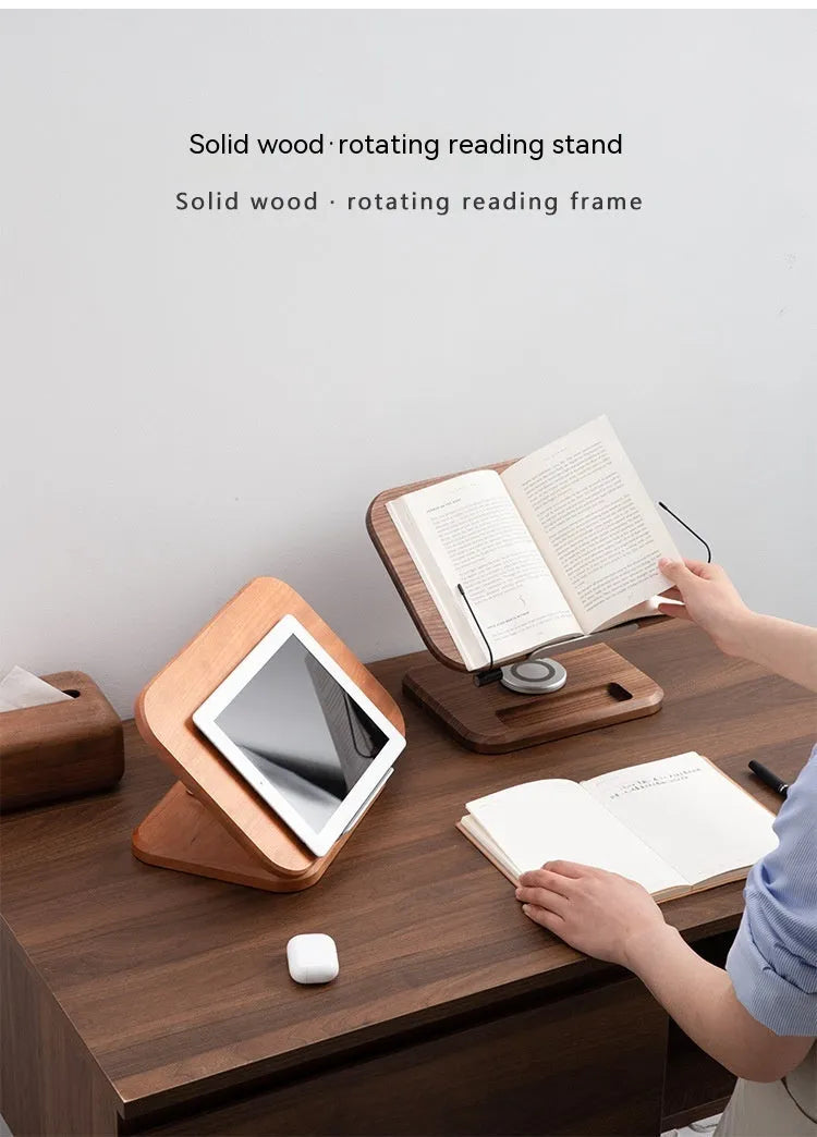 Black walnut wood adjustable rotating reading rack holding book and iPad tablet