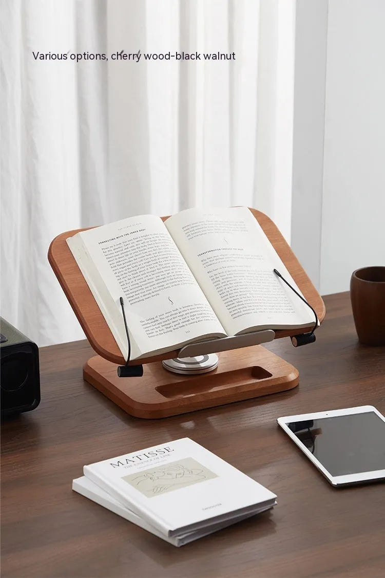 Black walnut wood adjustable rotating reading rack holding book and iPad tablet