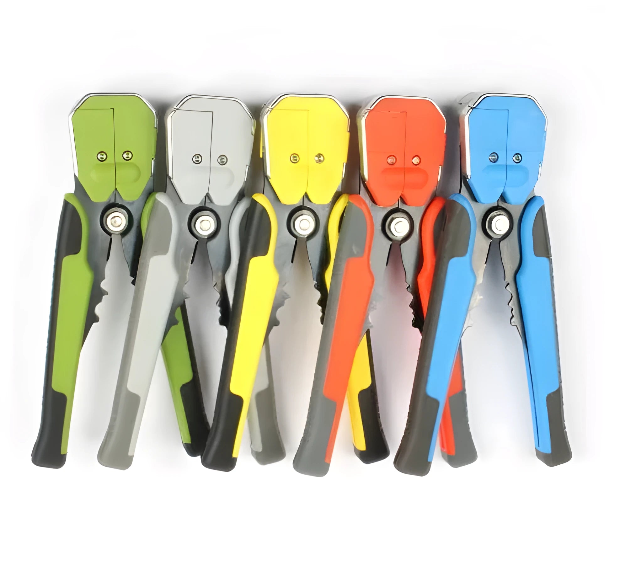 Yellow automatic 3-in-1 wire stripper and crimper tool for electrical cables on a workbench.