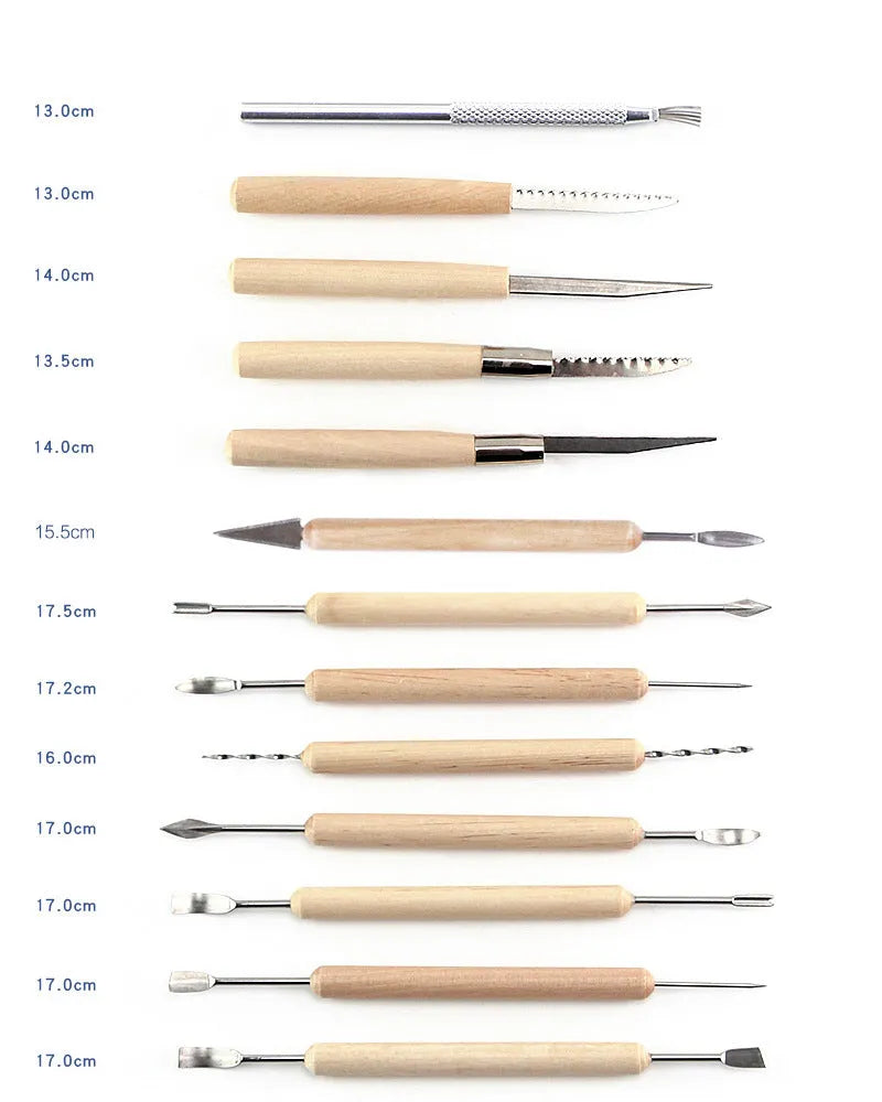 Brown 27-piece pottery tool set with stainless steel, wood, and plastic tools for clay sculpting
