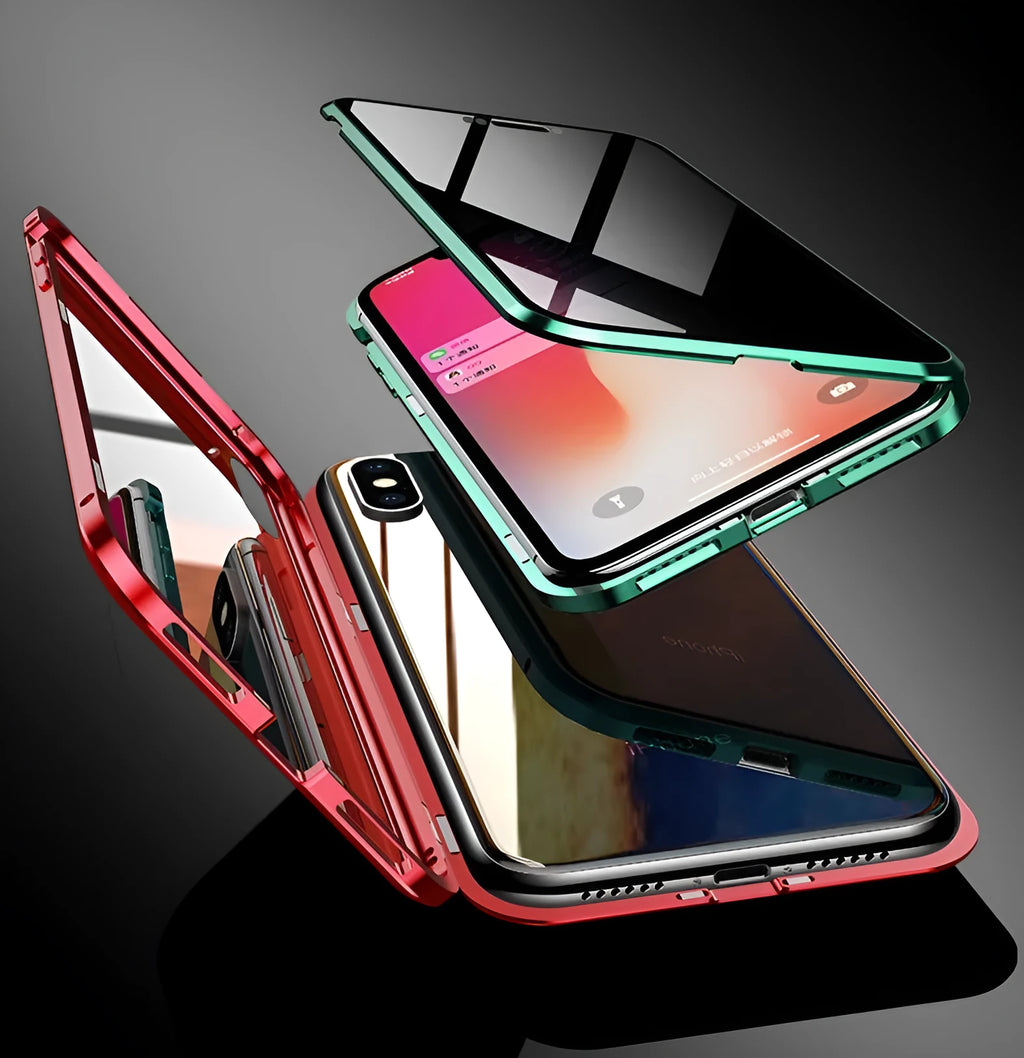 Magnetic anti-peeping phone case for Samsung Galaxy in clamshell design with double-sided glass construction