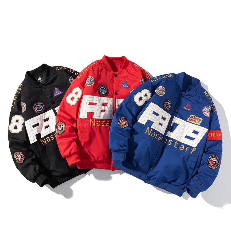 Black American motorcycle-style loose-fit baseball jacket with side pocket, shown with detachable hood.
