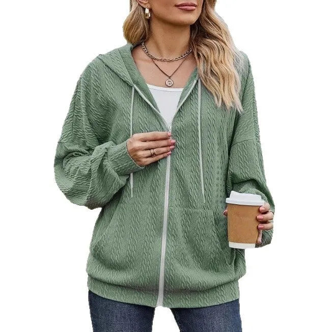 Women's green hooded zip-front sweater coat in loose casual fit for autumn and winter