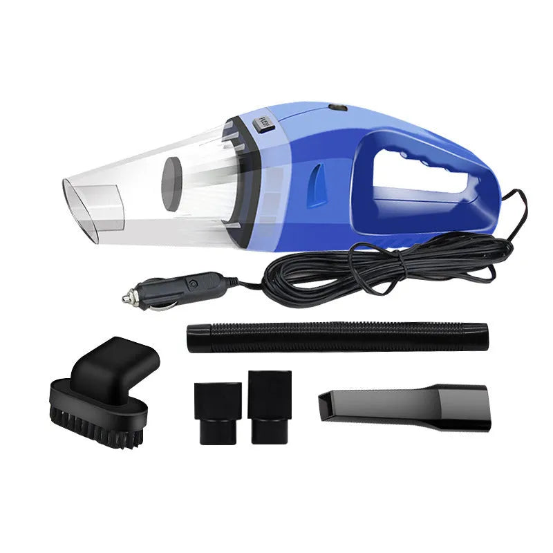 Portable 12V car vacuum cleaner in orange colour with nozzle attachments for automotive interior cleaning