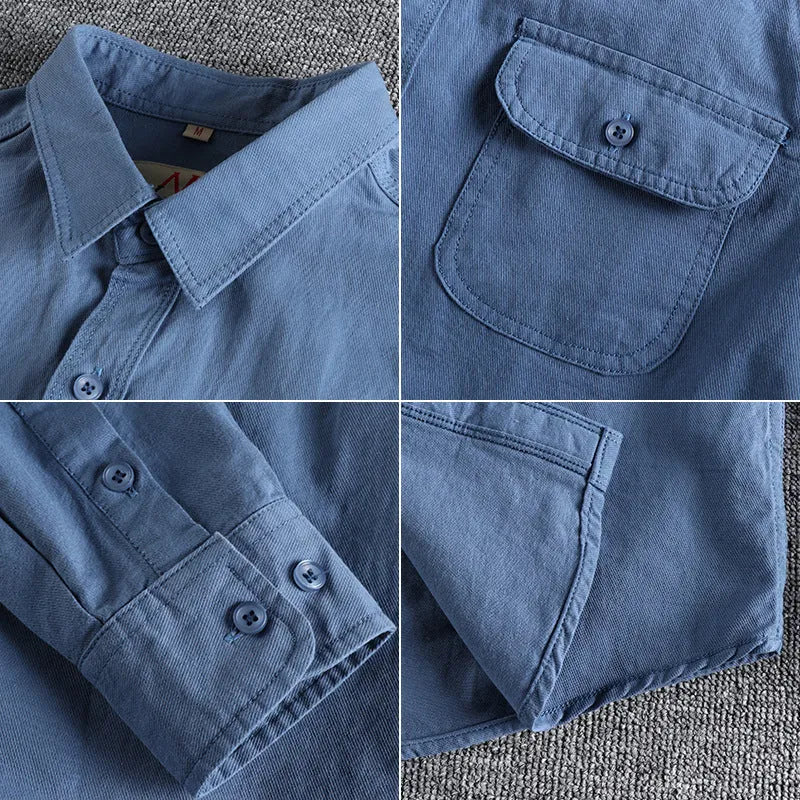 Men's retro style cotton cardigan shirt in light blue solid colour with long sleeves