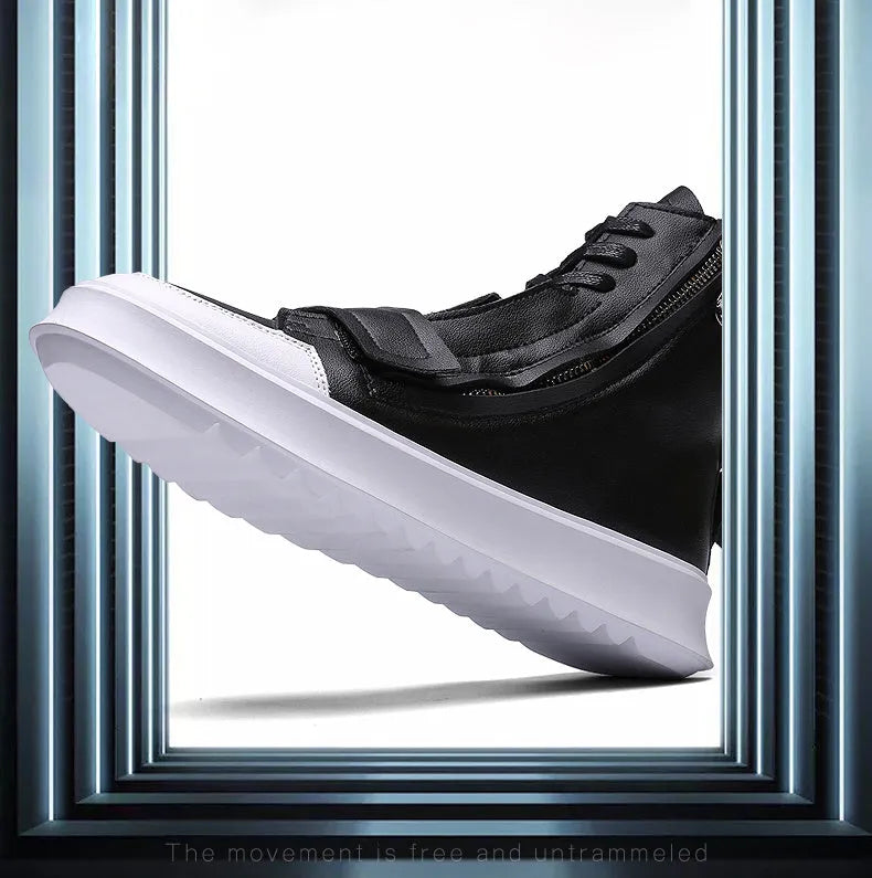 Men's black high-top ankle boot made of PU leather microfiber, shown from the side.