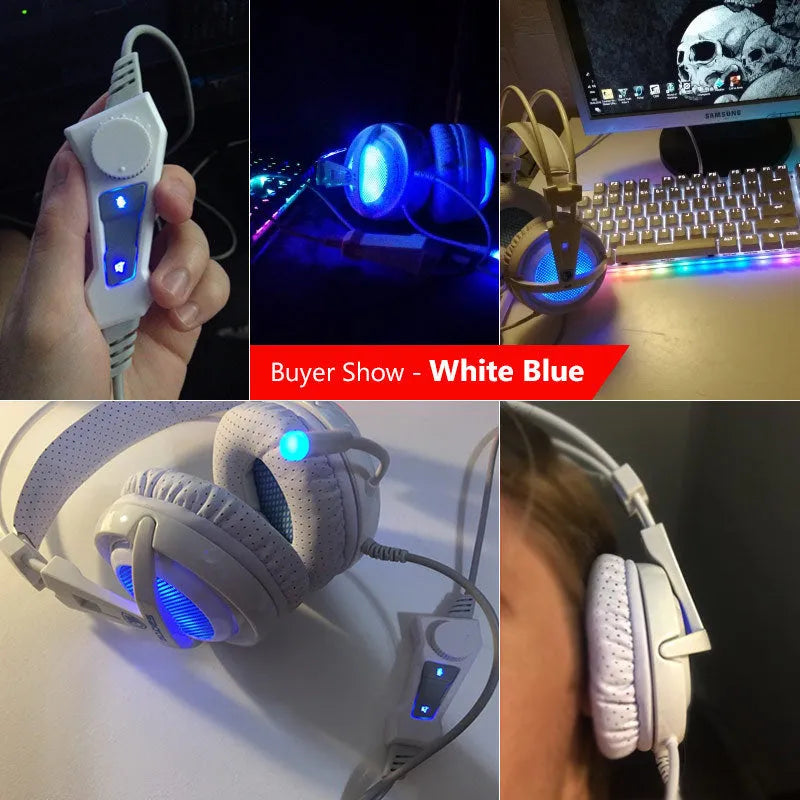 Black and white USB gaming headset with LED lights and over-ear cushioned design.