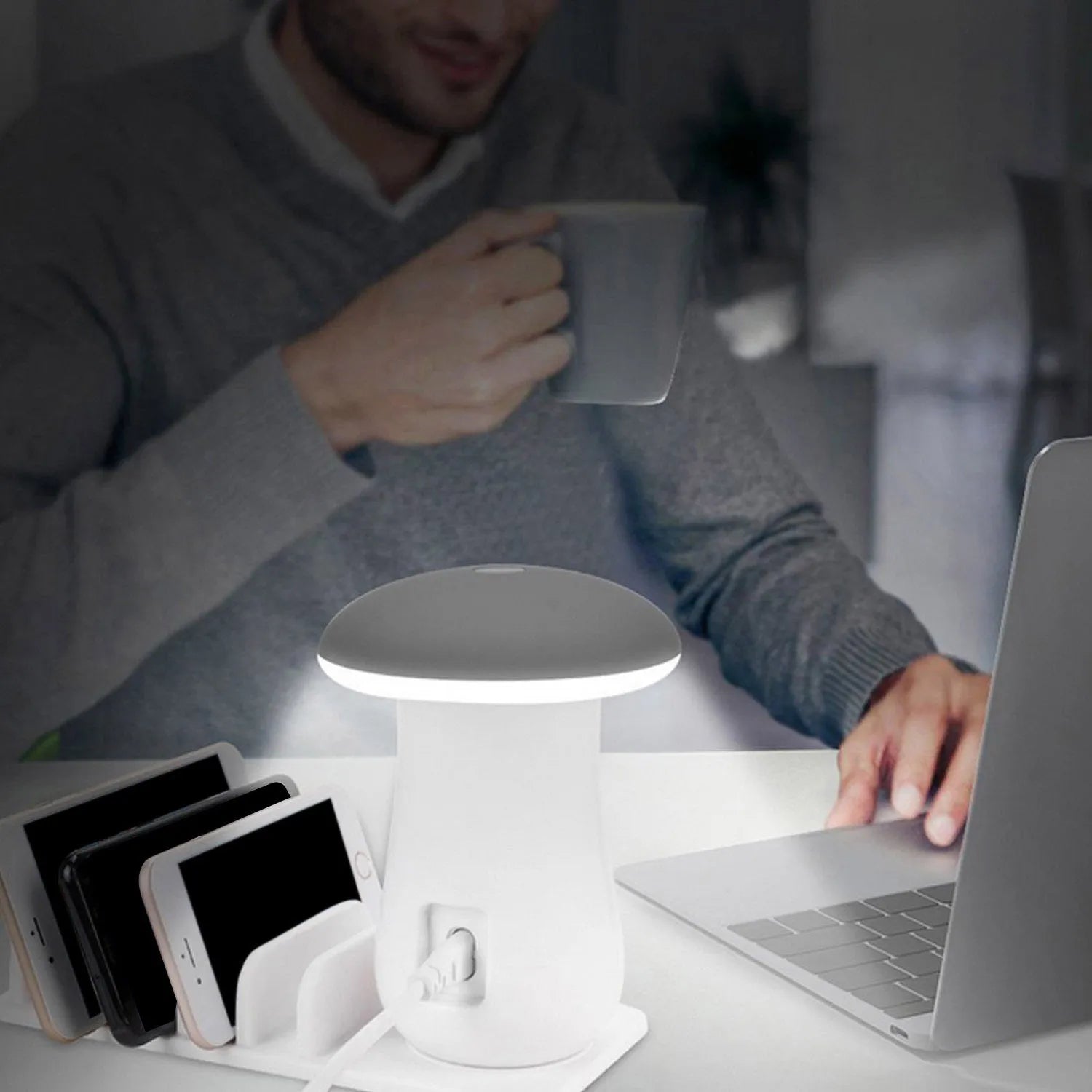 White USB charging dock station with 5 ports and a mushroom-shaped LED night lamp on a desk