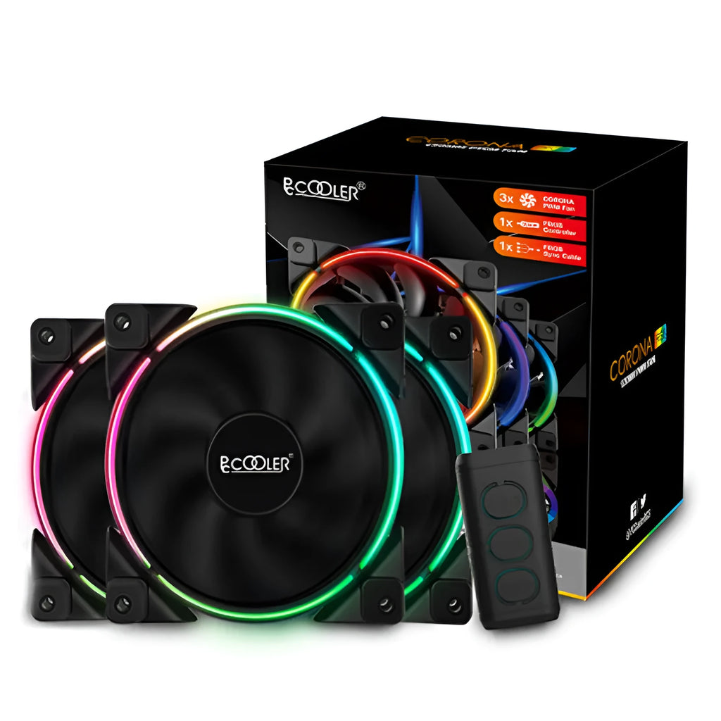 Three black 120mm RGB PC cooling fans with rotating blades and LED lighting