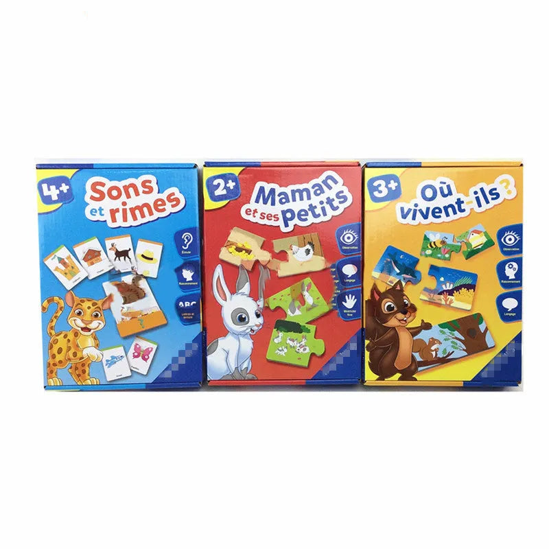 French language puzzle toy with 12 pairs of picture-word matching cards for children