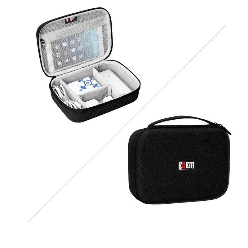 Black EVA digital storage bag for headphones and tech accessories with organisational compartments