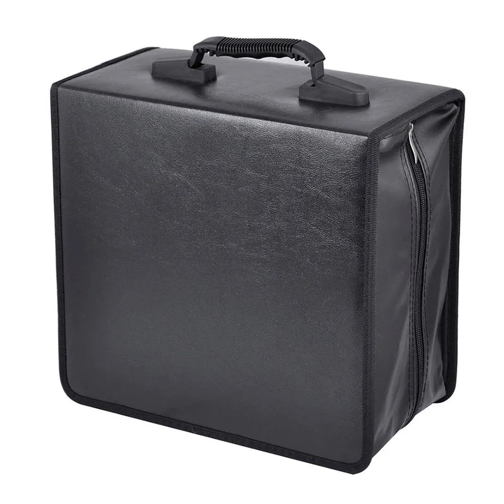 Black Oxford fabric CD storage organiser bag with zipper closure and top carry strap.
