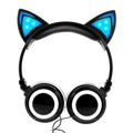 LED illuminated cat ear headphones in various colours showing lighted ears and cushion, with 3.5mm cable.