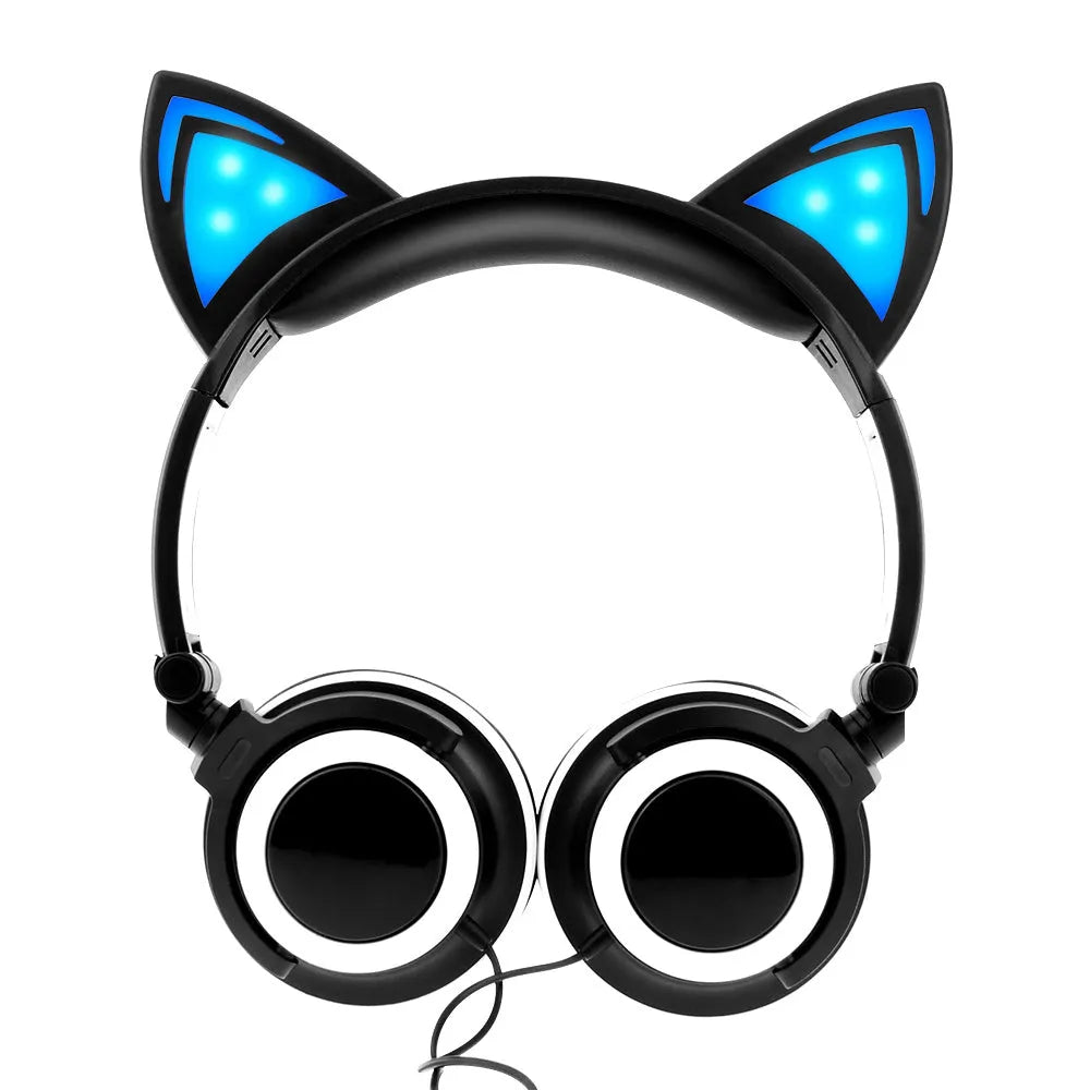 LED illuminated cat ear headphones in various colours showing lighted ears and cushion, with 3.5mm cable.
