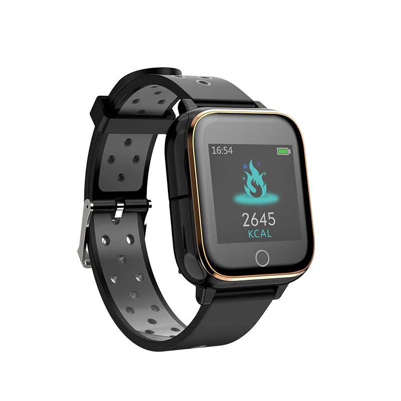 Black smartwatch with removable Bluetooth earbuds stored in watch case showing health monitoring display