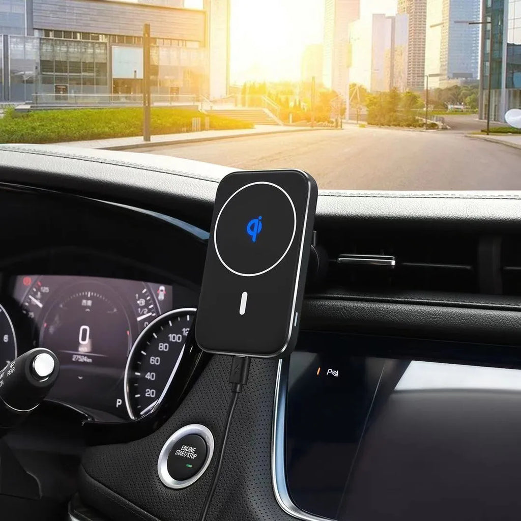 Black M6 magnetic wireless charging car phone bracket with USB cable.