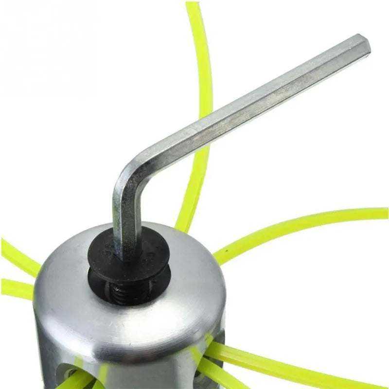 Silver aluminium grass trimmer head with light yellow square lines and wrench for lawn mower