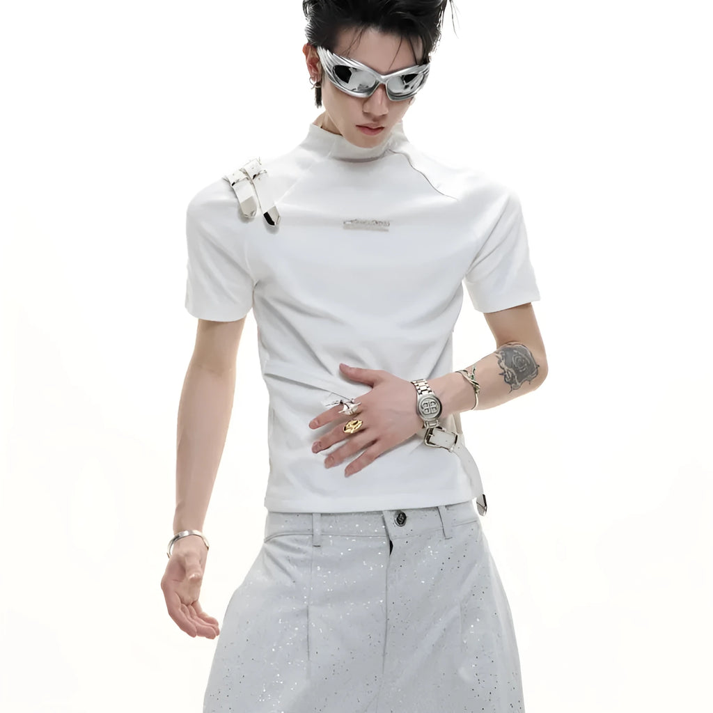 Men's slim fit black cotton short sleeve shirt with small stand-up collar and metal belt design detail