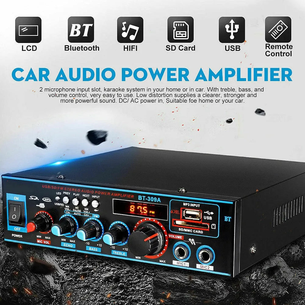 BT-309A-A black iron case power amplifier with remote control for home and car use