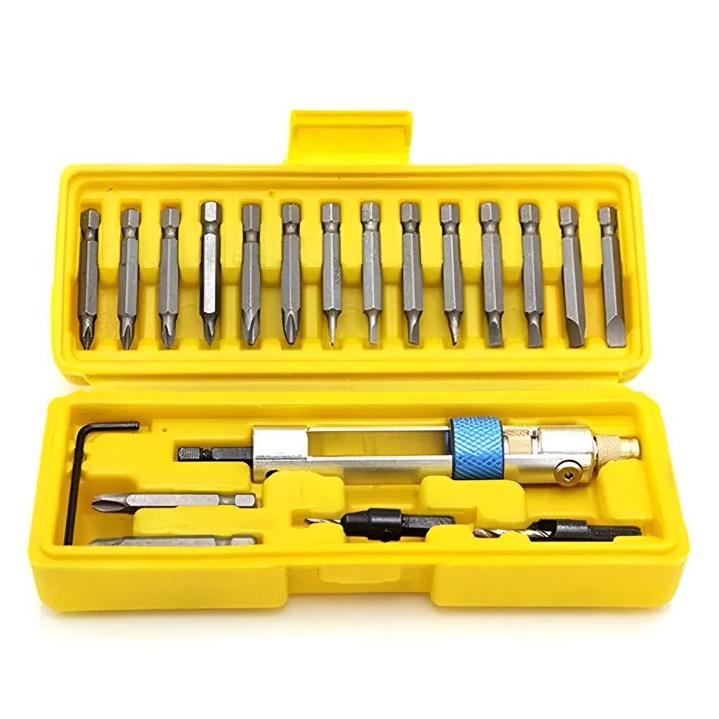 Half Time Drill quick-change bit set with driver, Phillips bits, flathead bits, and countersink bits on a workbench.