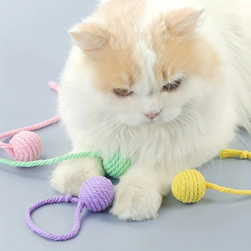 Cat toy ball with rope and built-in bell in multiple colours for kitten play