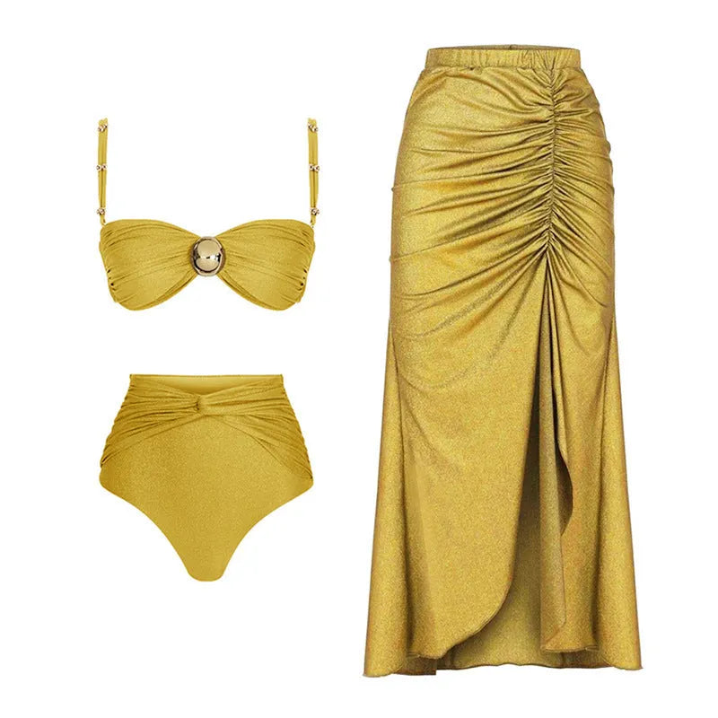 Women's high-waisted split bikini set with cover-up skirt in green or yellow colours