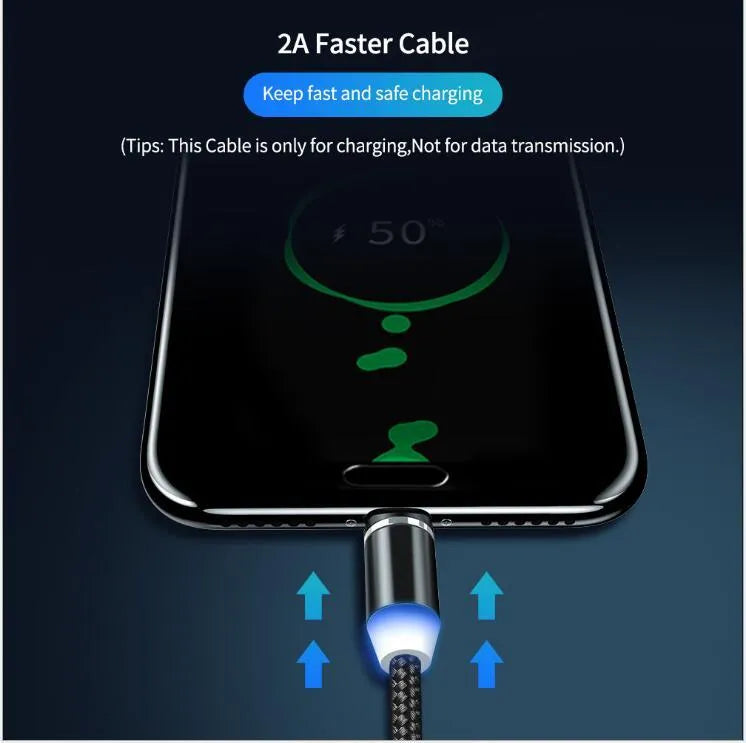 YBD black braided magnetic charging cable with LED light showing Lightning, Micro-USB, and Type-C magnetic tips