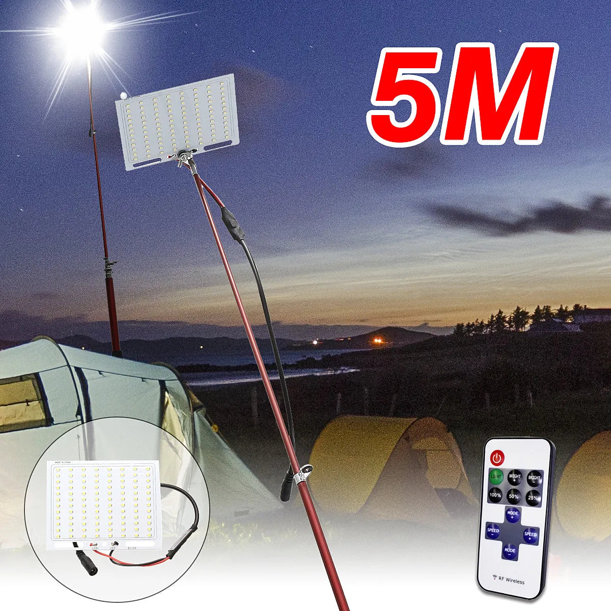LED fishing rod light with telescopic pole and remote control for outdoor illumination