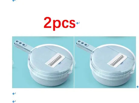 8-in-1 mandoline vegetable slicer with stainless blades, hand guard, and container in blue