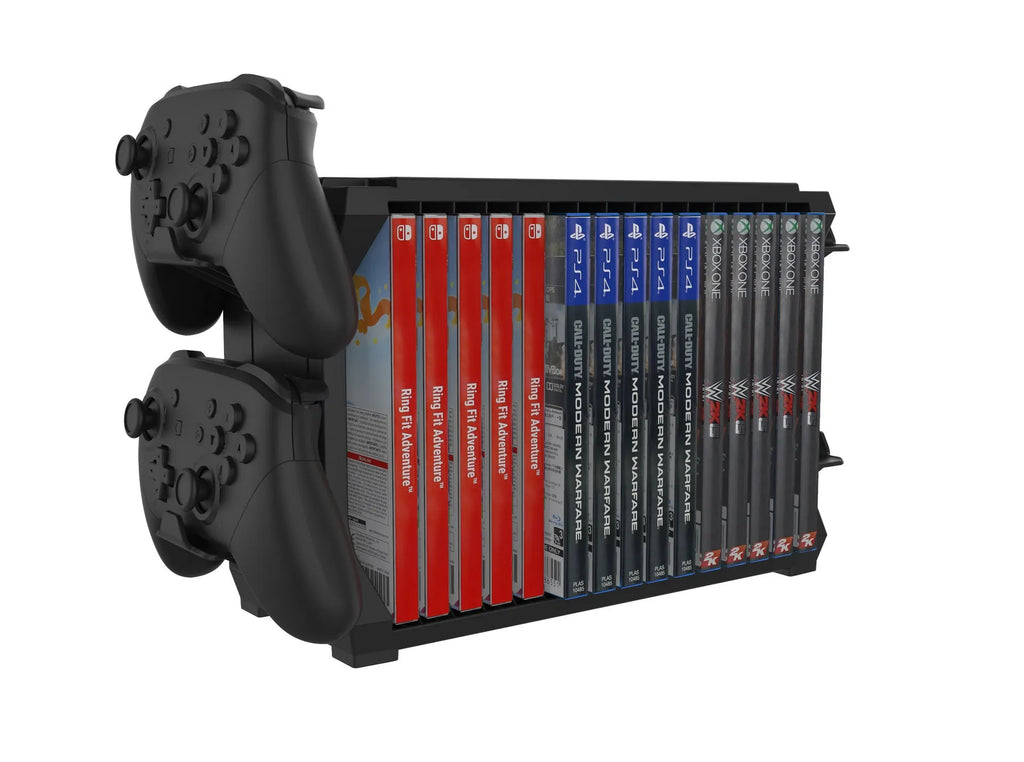 Black PS5 and Xbox Series X disc holder with slots for games and a rack storing four controllers.