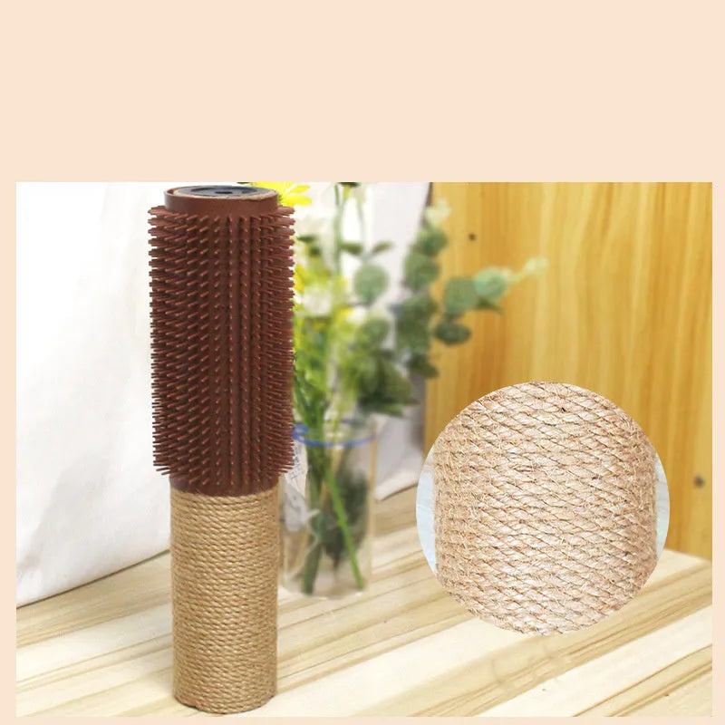 Brown sisal rope cat scratching post standing 30cm tall on a square base.