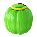 Green, orange, and yellow plastic pumpkin-shaped dog chew toy with squeaker.
