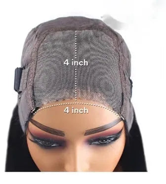 Glueless straight human hair wig with side bangs shown in natural black colour.