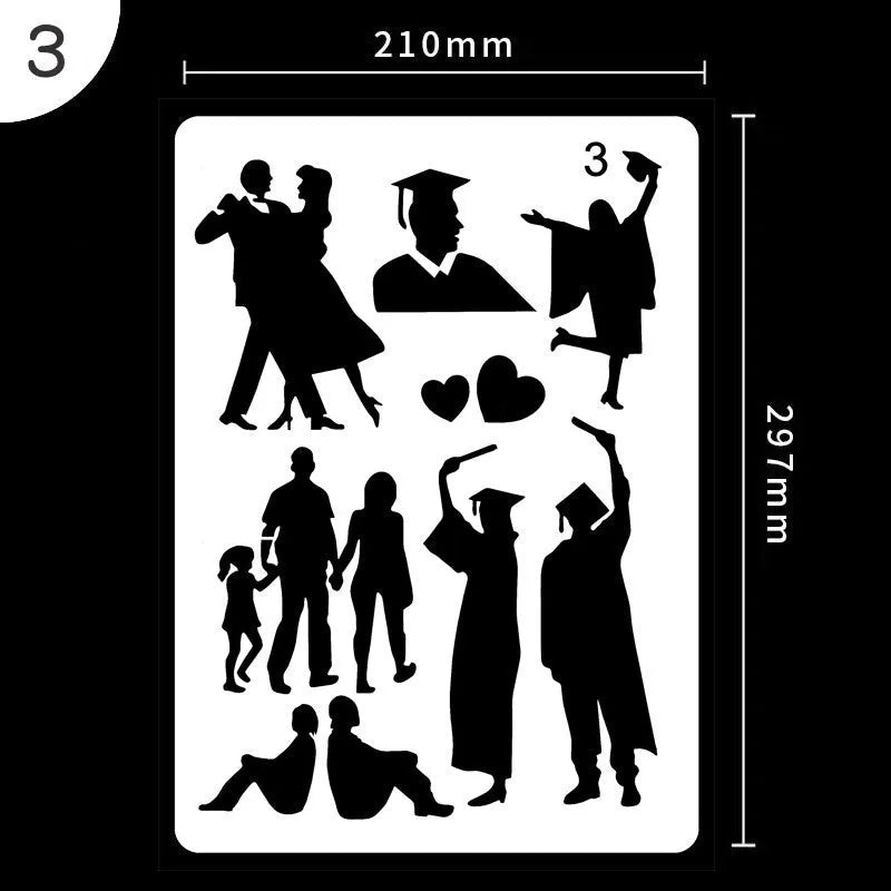Set of white plastic drawing stencils with assorted cut-out patterns for crafts and decoration.
