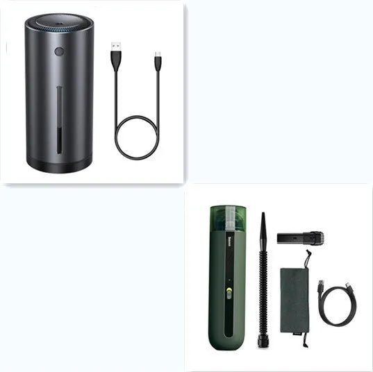 Wireless handheld car vacuum cleaner in black, white, or green with blowing hose attachment.
