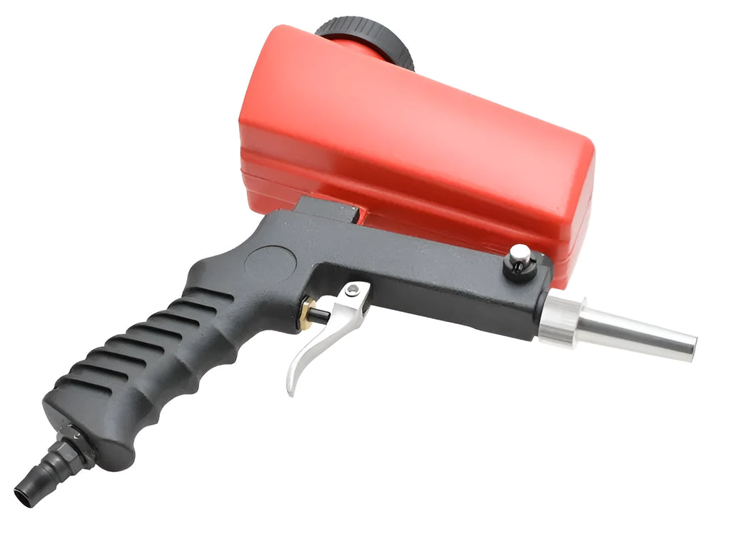 Portable blue pneumatic sandblasting gun with large hopper and nozzle for industrial surface cleaning.