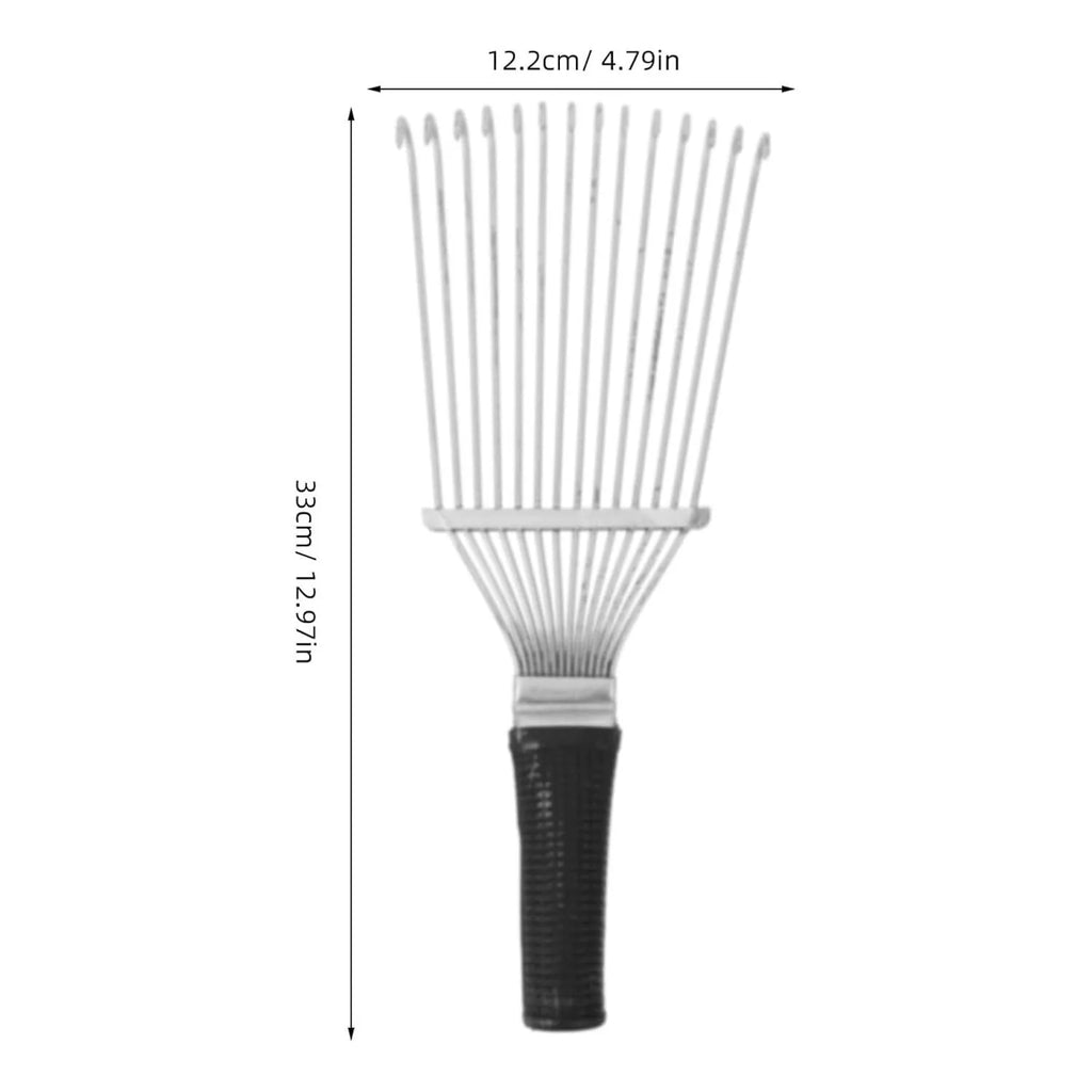 Black stainless steel pet and livestock dematting brush with metal comb teeth, 33cm long.