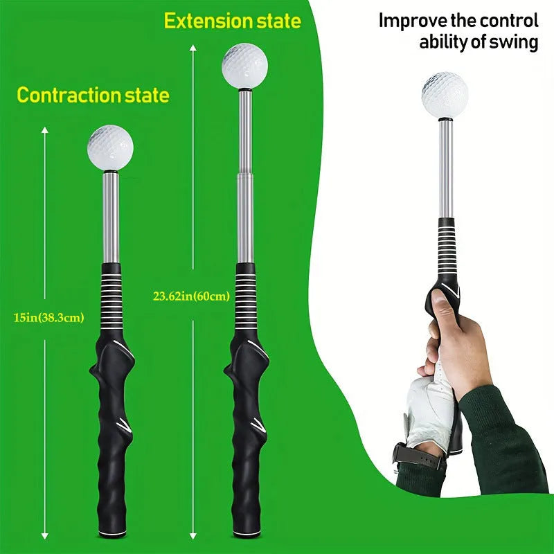 Telescopic golf swing simulator trainer in stainless steel, shown in black, blue, and red colour options.