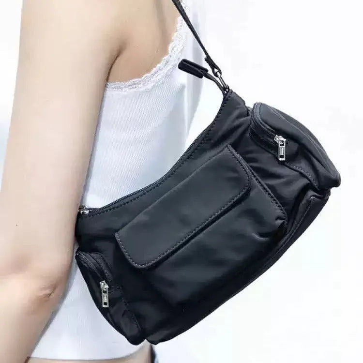 Black PU nylon women's shoulder bag with double pockets and side line detailing