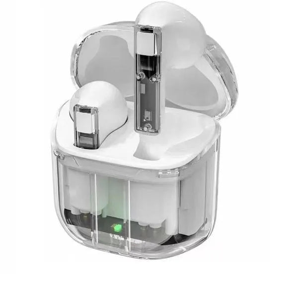 Transparent space capsule case containing true wireless Bluetooth headphones with a digital display screen.