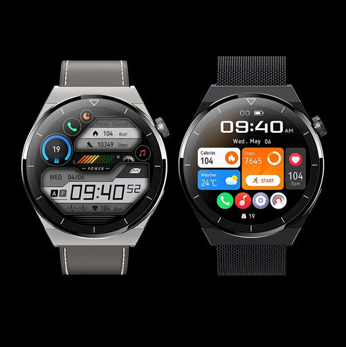 Round Android smartwatch with black silicone band showing Bluetooth and NFC icons on its 1.36-inch screen.