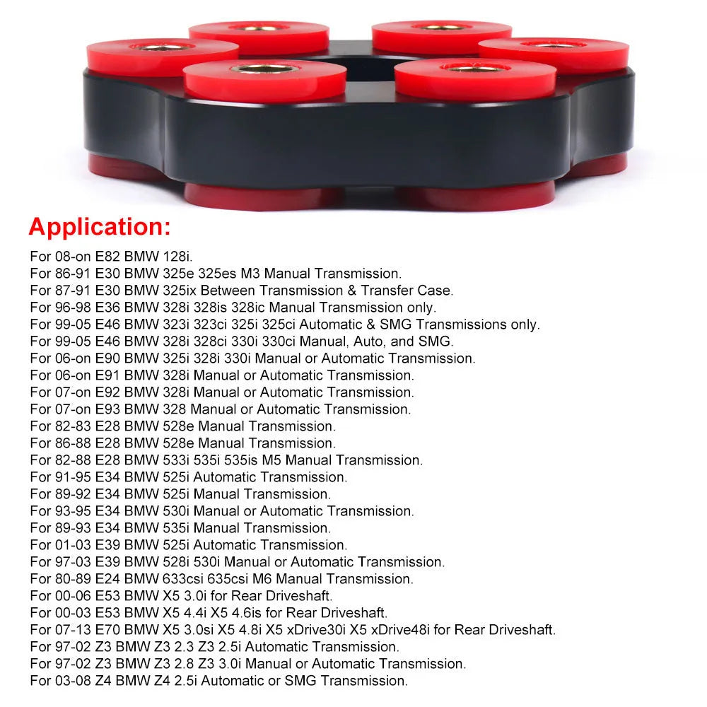 Red polyurethane and aluminium drive shaft centre support bracket for BMW E46, E36, E30, and E28 models.