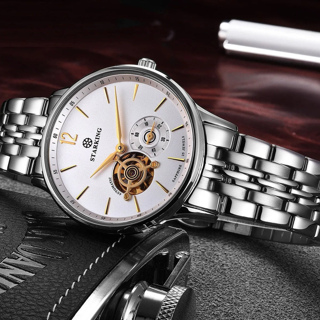 Automatic mechanical men's watch with stainless steel case, sapphire crystal glass, and brown leather strap